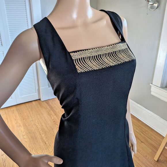 Vintage 90s Plus Size 16 Little Black Dress Midi Wiggle Slit Gold Embroidery - Picture 5 of 9